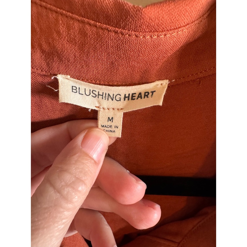 Blushing Heart Rust Orange Roll Tab Sleeve Drawstring Waist Shirt Dress Medium - Picture 3 of 5